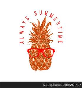 Always summertime. Pineapple in sunglasses. Design element for poster, menu, banner. Vector illustration