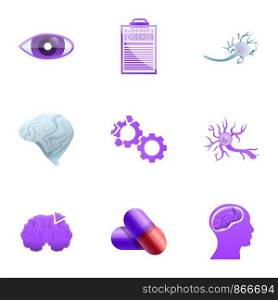 Alzheimer disease icon set. Cartoon set of 9 alzheimer disease vector icons for web design isolated on white background. Alzheimer disease icon set, cartoon style