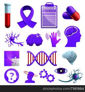 Alzheimer disease icons set. Cartoon set of alzheimer disease vector icons for web design. Alzheimer disease icons set, cartoon style