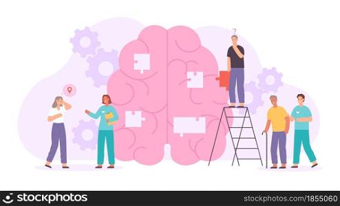 Alzheimer or dementia disease concept with elder characters and doctors. Flat human brain with lost memory. Neurology disorder vector poster. Doctors collecting brain puzzle to treat illness
