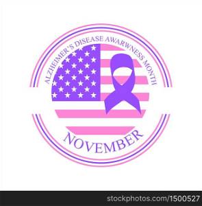 Alzheimer s Disease Awareness Month is organized on November in United States. Dementia emblem, Parkinson badge with flag, stars, question, man s silhouette. Purple label vector for medical event.. Alzheimer s Disease Awareness Month is organized on November in United States. Dementia emblem, Parkinson badge
