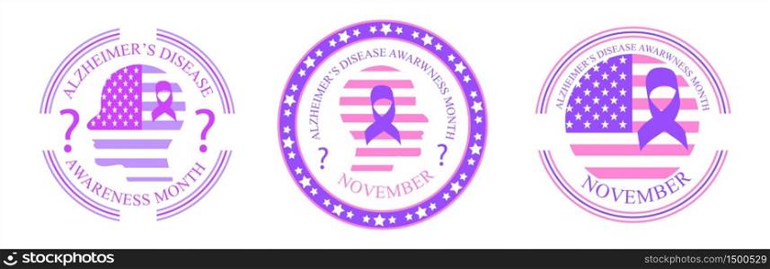 Alzheimer s Disease Awareness Month is organized on November in USA. Dementia emblem, Parkinson badge with flag, stars, question, man s silhouette. Purple ribbon label vector for medical event.. Alzheimer s Disease Awareness Month is organized on November in USA.
