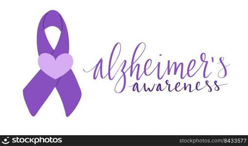 Alzheimers awareness month Novermber handwritten lettering. Purple support ribbon. Web banner vector template. Alzheimers awareness month Novermber handwritten lettering. Purple support ribbon. Web banner vector