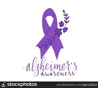 Alzheimers awareness month Novermber handwritten lettering. Purple support ribbon. Web banner vector template. Alzheimers awareness month Novermber handwritten lettering. Purple support ribbon. Web banner vector