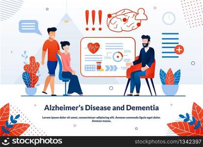 Alzheimers Disease and Dementia Problems Diagnostics, Treatment Trendy Flat Vector Vector Banner, Poster Template. Older Woman with Son Visiting Doctor, Medical Expert Consulting Patients Illustration