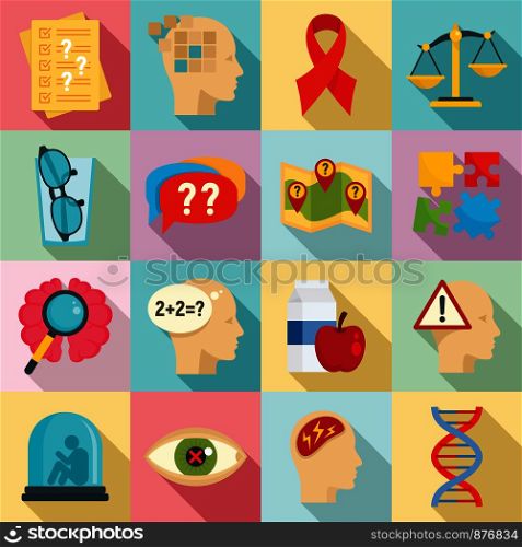 Alzheimers disease icons set. Flat set of alzheimers disease vector icons for web design. Alzheimers disease icons set, flat style