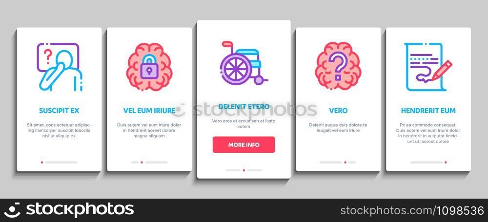 Alzheimers Disease Onboarding Mobile App Page Screen. Brain And Drugs, Wheelchair And Man Silhouette With Alzheimers Illness Concept Illustrations. Alzheimers Disease Onboarding Elements Icons Set Vector