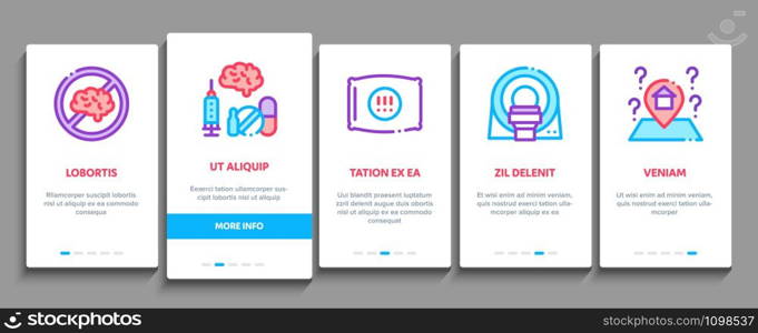 Alzheimers Disease Onboarding Mobile App Page Screen. Brain And Drugs, Wheelchair And Man Silhouette With Alzheimers Illness Concept Illustrations. Alzheimers Disease Onboarding Elements Icons Set Vector