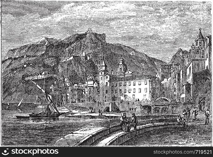 Amalfi in 1890, in the province of Salemo, Italy. Vintage engraving. City scenery of the town of Amalfi. Vector illustration.