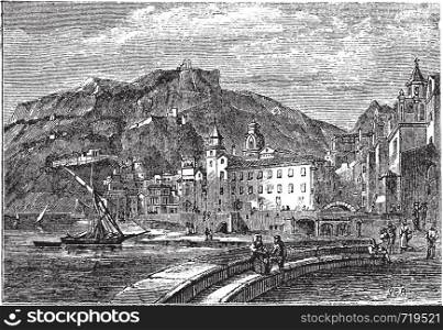 Amalfi in 1890, in the province of Salemo, Italy. Vintage engraving. City scenery of the town of Amalfi. Vector illustration.