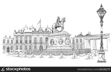 Amalienborg Square in Copenhagen, Denmark. Landmark of Denmark. Vector hand drawing illustration in black color isolated on white background.. Amalienborg Square in Copenhagen