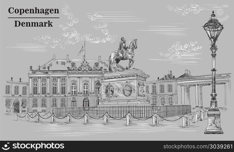 Amalienborg Square in Copenhagen, Denmark. Landmark of Denmark. Vector hand drawing illustration in black and white colors isolated on grey background.. Amalienborg Square in Copenhagen, grey