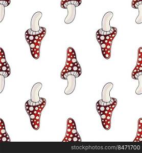 Amanitas. Illustration in hand draw style. Seamless pattern for kitchen, restaurant or shop. Can be used for fabric, packaging, wrapping and etc. Autumn mood. Illustration in hand draw style. Seamless pattern