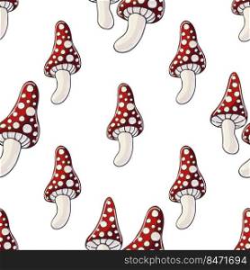 Amanitas. Seamless pattern for kitchen, restaurant or shop. Illustration in hand draw style. Can be used for fabric. Autumn mood. Illustration in hand draw style. Seamless pattern