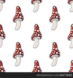 Amanitas. Seamless pattern for kitchen, restaurant or shop. Illustration in hand draw style. Can be used for fabric, packaging, wrapping paper and etc. Autumn mood. Illustration in hand draw style. Seamless pattern