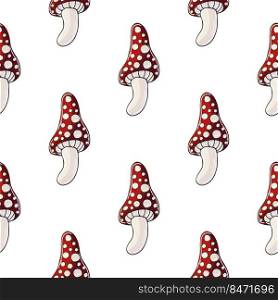 Amanitas. Seamless pattern for kitchen, restaurant or shop. Illustration in hand draw style. Can be used for fabric, packaging, wrapping and etc. Autumn mood. Illustration in hand draw style. Seamless pattern