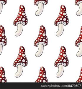Amanitas. Seamless pattern for kitchen, restaurant or shop. Illustration in hand draw style. Can be used for fabric, packaging and etc. Autumn mood. Illustration in hand draw style. Seamless pattern