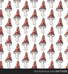 Amanitas. Seamless pattern for kitchen, restaurant or shop. Illustration in hand draw style. Can be used for fabric and etc. Autumn mood. Illustration in hand draw style. Seamless pattern