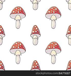 Amanitas. Seamless pattern with forest mushrooms. Amanitas. Illustration in hand draw style. Autumn. Autumn mood. Illustration in hand draw style. Seamless pattern