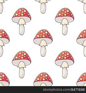 Amanitas. Seamless pattern with forest mushrooms. Amanitas. Illustration in hand draw style. Autumn mood. Illustration in hand draw style. Seamless pattern