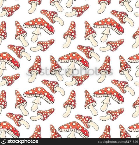 Amanitas. Seamless pattern with forest mushrooms. Amanitas. Illustration in hand draw style. Autumn motives. Can be used for fabric, packaging, wrapping and etc. Autumn mood. Illustration in hand draw style. Seamless pattern