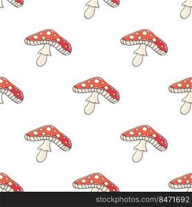 Amanitas. Seamless pattern with forest mushrooms. Amanitas. Illustration in hand draw style. Autumn motives. Can be used for fabric, packaging and etc. Autumn mood. Illustration in hand draw style. Seamless pattern
