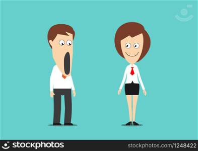 Amazed cartoon businessman with wide open mouth is looking at attractive female colleague. Relationship and flirt at office theme design