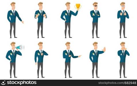 Amazed caucasian groom watching movie in 3D glasses. Full length of young surprised groom wearing 3d glasses and giving thumbs up. Set of vector flat design illustrations isolated on white background.. Vector set of illustrations with groom character.