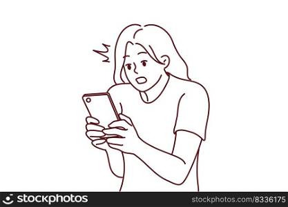 Amazed young woman look at cellphone screen shocked by unbelievable message online. Stunned girl surprised with news online on smartphone. Vector illustration. . Stunned woman look at cellphone screen shocked 