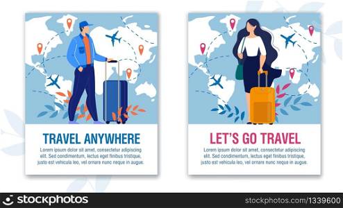 Amazing Adventure and Aircraft Travel over World Motivation Set. Vertical Text Poster with Man Woman Travelers Standing with Luggage Bag. Map with Different Destination Location and Routs Illustration