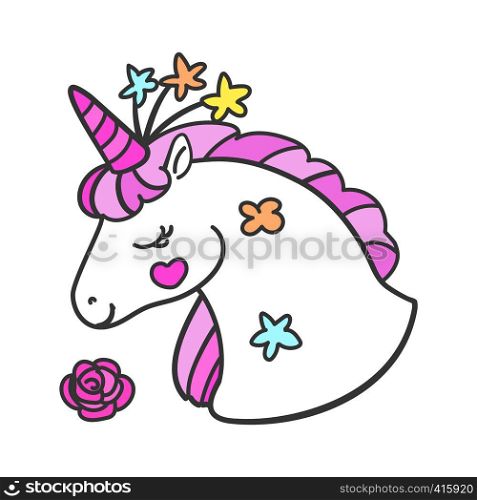Amazing and beautiful unicorn head with a flower. Cartoon vector design.