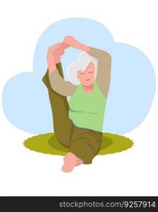 Amazing cartoon old lady in a yoga pose on a mat at home. Yoga practice. Vector illustration of a woman. Old lady and happy woman stretching her leg in twine upwards