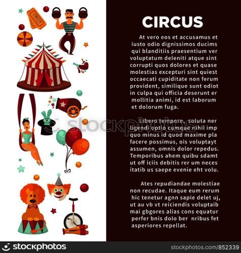 Amazing circus promo poster with participants of show and equipment. Female juggler and acrobat, male weight lifter, funny clown, rabbit in head, trained lion and striped tent vector illustrations.. Amazing circus promo poster with participants of show and equipment.