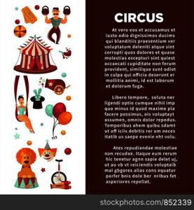 Amazing circus promo poster with participants of show and equipment. Female juggler and acrobat, male weight lifter, funny clown, rabbit in head, trained lion and striped tent vector illustrations.. Amazing circus promo poster with participants of show and equipment.