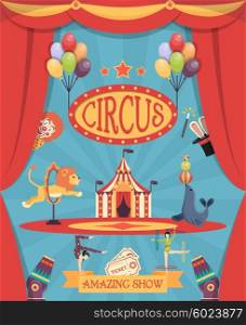 Amazing Circus Show Poster. Amazing circus show poster with arena theatre coulisse tent and trained lion and navy seal flat vector illustration