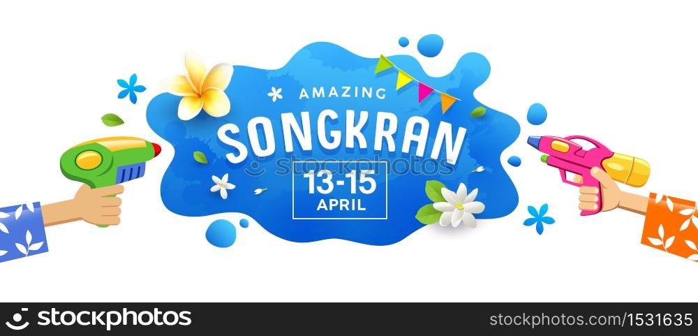 Amazing Happy Songkran festival thailand gun in hand water splash banners background, vector illustration