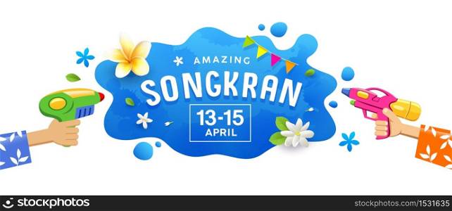 Amazing Happy Songkran festival thailand gun in hand water splash banners background, vector illustration