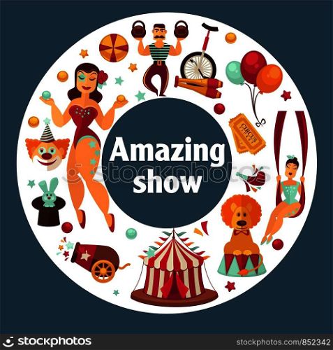 Amazing show at famous great circus promo poster. Traditional big striped tent, equipment for complicated tricks, male and female performers in scenic costumes vector illustrations in heart shape.. Amazing show at famous great circus promo poster.