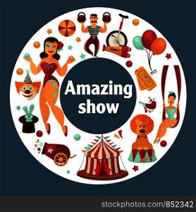 Amazing show at famous great circus promo poster. Traditional big striped tent, equipment for complicated tricks, male and female performers in scenic costumes vector illustrations in heart shape.. Amazing show at famous great circus promo poster.