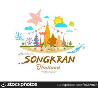 Amazing Songkran Festival, summer sand pagoda with, Important places in Thailand, design background vector illustration