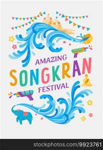 Amazing Songkran festival Thailand water splash vector illustration, Water gun and water bowl and cute elephant splashing the water celebration, Thai vintage colorful style.