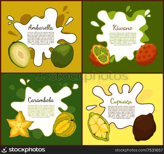 Ambarella and kiwano set of posters with text sample. Carambola and cupuacu tropical succulent product. Exotic fruits delicious healthy meal vector. Ambarella and Kiwano Posters Vector Illustration