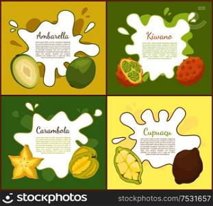 Ambarella and kiwano set of posters with text sample. Carambola and cupuacu tropical succulent product. Exotic fruits delicious healthy meal vector. Ambarella and Kiwano Posters Vector Illustration