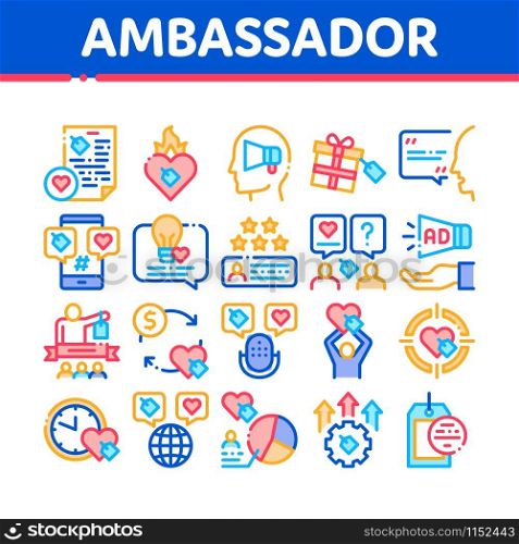 Ambassador Creative Collection Icons Set Vector Thin Line. Loudspeaker And Gift, Human Holding Heart And Speaking, Ambassador Concept Linear Pictograms. Color Contour Illustrations. Ambassador Creative Collection Icons Set Vector