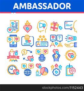 Ambassador Creative Collection Icons Set Vector Thin Line. Loudspeaker And Gift, Human Holding Heart And Speaking, Ambassador Concept Linear Pictograms. Color Contour Illustrations. Ambassador Creative Collection Icons Set Vector