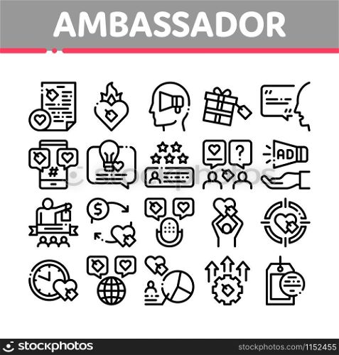 Ambassador Creative Collection Icons Set Vector Thin Line. Loudspeaker And Gift, Human Holding Heart And Speaking, Ambassador Concept Linear Pictograms. Monochrome Contour Illustrations. Ambassador Creative Collection Icons Set Vector