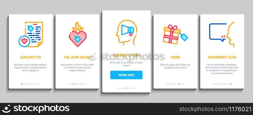 Ambassador Creative Onboarding Mobile App Page Screen Vector. Loudspeaker And Gift, Human Holding Heart And Speaking, Ambassador Concept Linear Pictograms. Color Contour Illustrations. Ambassador Onboarding Elements Icons Set Vector