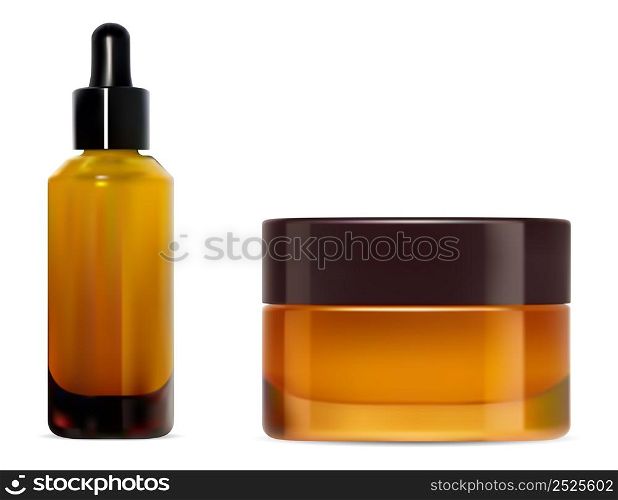 Amber glass cosmetic product container. Cream jar, dropper blank set. Essential oil vial, skin naturopathy collection. Round face or body cream box illustration. Broun pack design. Amber glass cosmetic product container. Cream jar, dropper