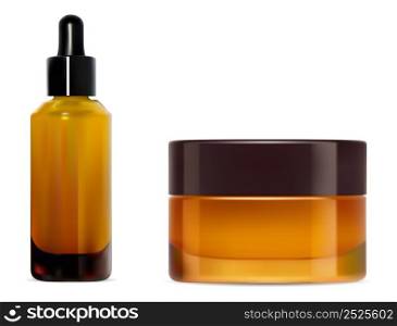 Amber glass cosmetic product container. Cream jar, dropper blank set. Essential oil vial, skin naturopathy collection. Round face or body cream box illustration. Broun pack design. Amber glass cosmetic product container. Cream jar, dropper
