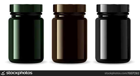 Amber Medicine Bottle Mockup. Cosmetic Packaging Container Blank Realistic 3d Illustration Design. Medical Drug Container. Aronatherapy or Essence Flacon. Treatment Vial in Black, Brown, Green Color. Amber Medicine Bottle Mockup. Cosmetic Packaging